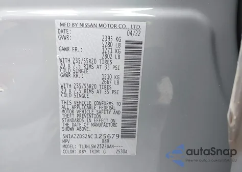 2022 Nissan Murano Platinum from USA, damaged, VIN 5N1AZ2DS2NC125679